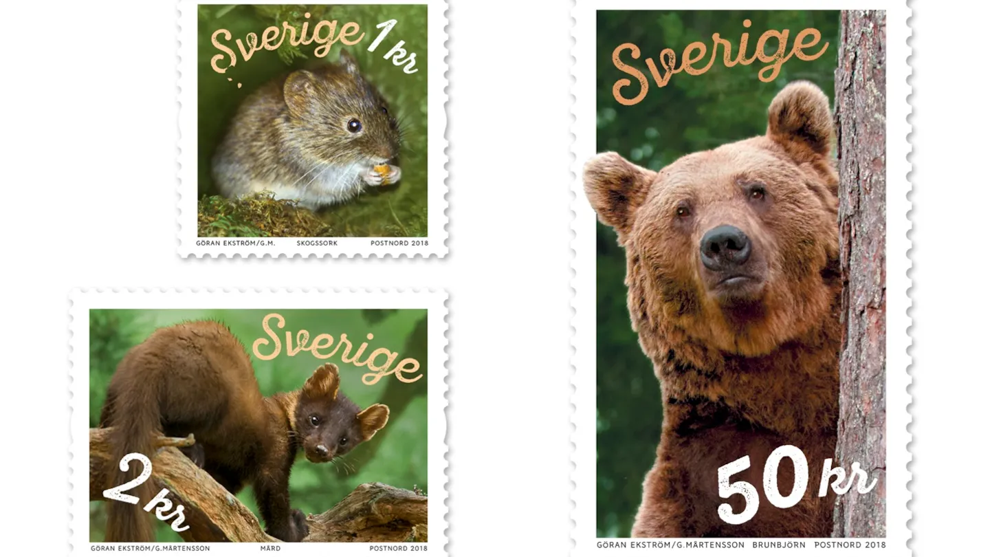 Frimärken med motiv skogens djur.