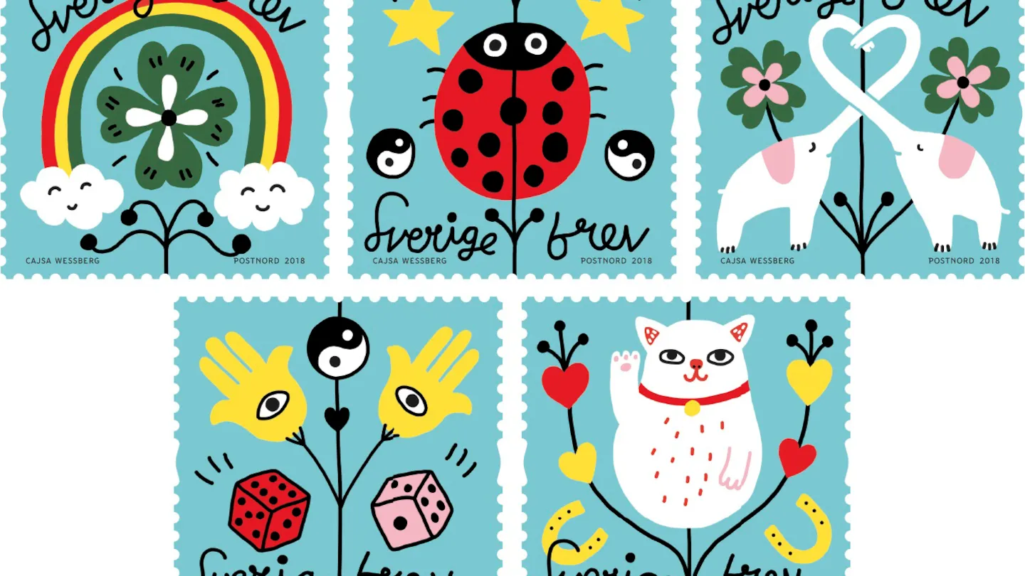 Frimärke med motiv färglada illustrationer.