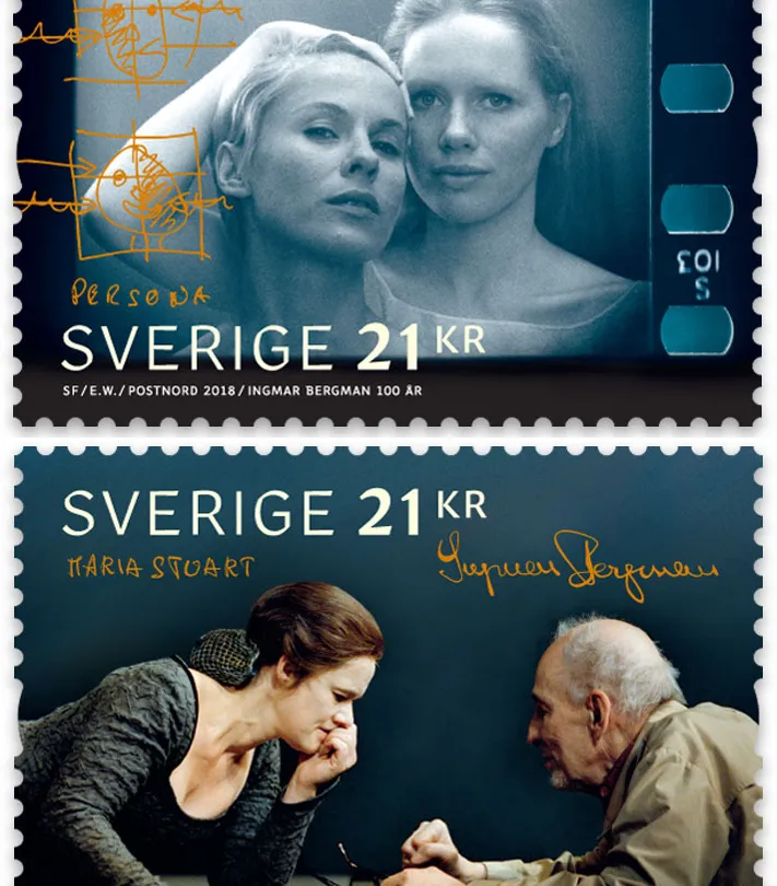 Frimärke med motiv ifrån något av Ingmar Bergmans verk.